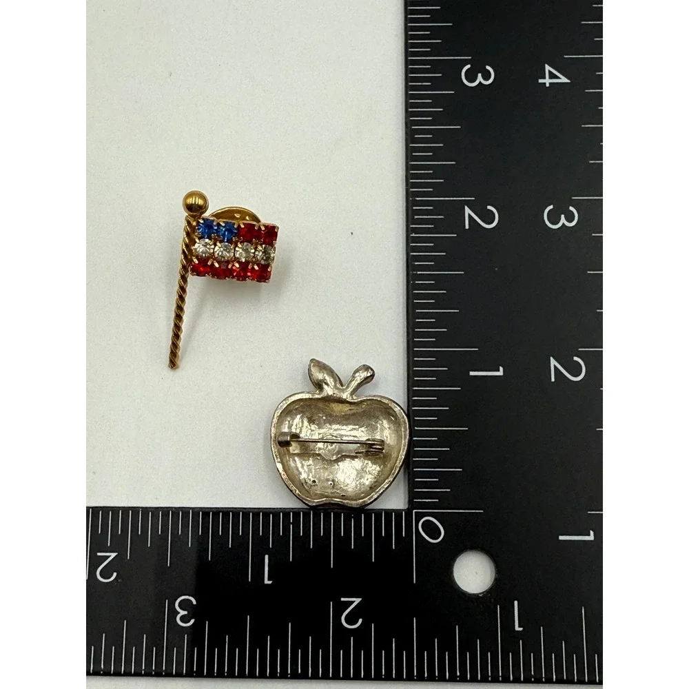 Vintage‎ Patriotic Brooch Lot American Flag & Apple Rhinestone Pins